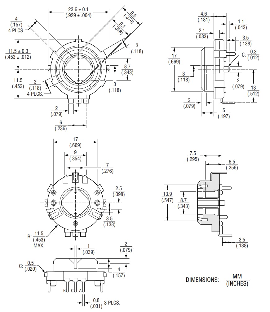 Mechanical Drawing - Bourns PER23 Long-Life Incremental Ring Encoder